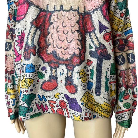 Womens Sweater With Multicolored Designs Medium M Stretch Round Neck Print Logo - Picture 10 of 15